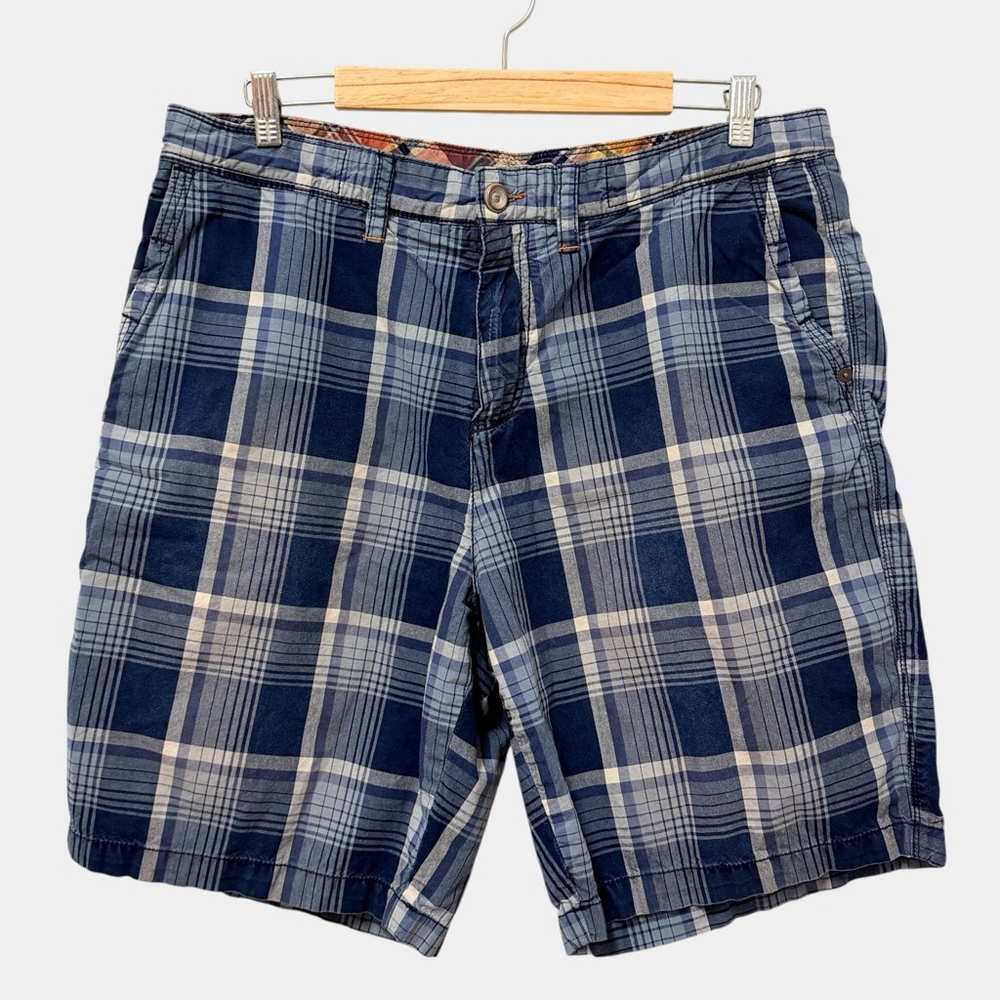 Tommy Bahama Plaid Shorts Mens 36 Blue Cotton Flat Front Casual Summer